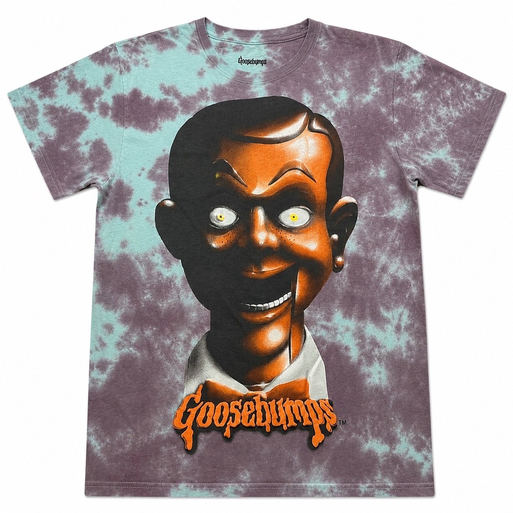 Goosebumps Slappy the Dummy Tie Dye Graphic T-Shirt Purple Teal Mens Large